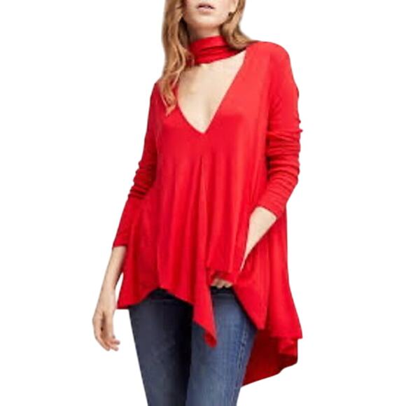 Free People Uptown Turtle Choker Red Deep V Tunic Top Long Sleeve Womens XS - Picture 3 of 4